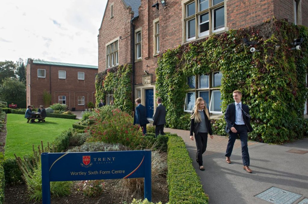 Two pupils walking outside the Wortley Sixth Form Centre