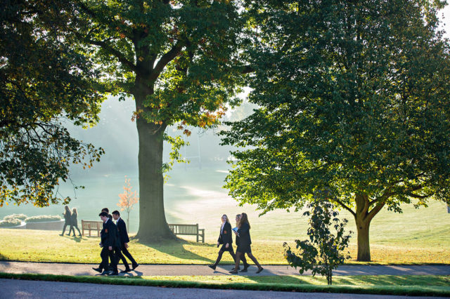 Children walking in tree lined grounds
