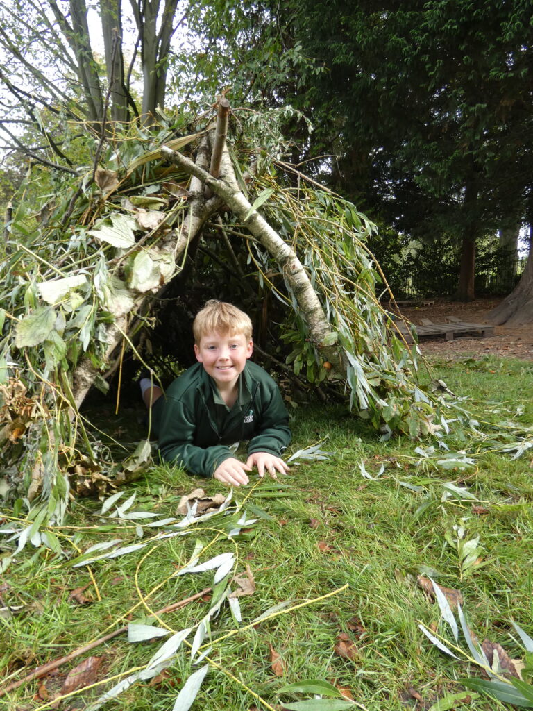 Boy in nature shelter